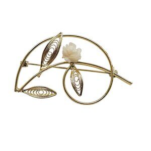 Vintage Gold Tone Brooch White Carved Celluloid Rose Filigree Leaf Design